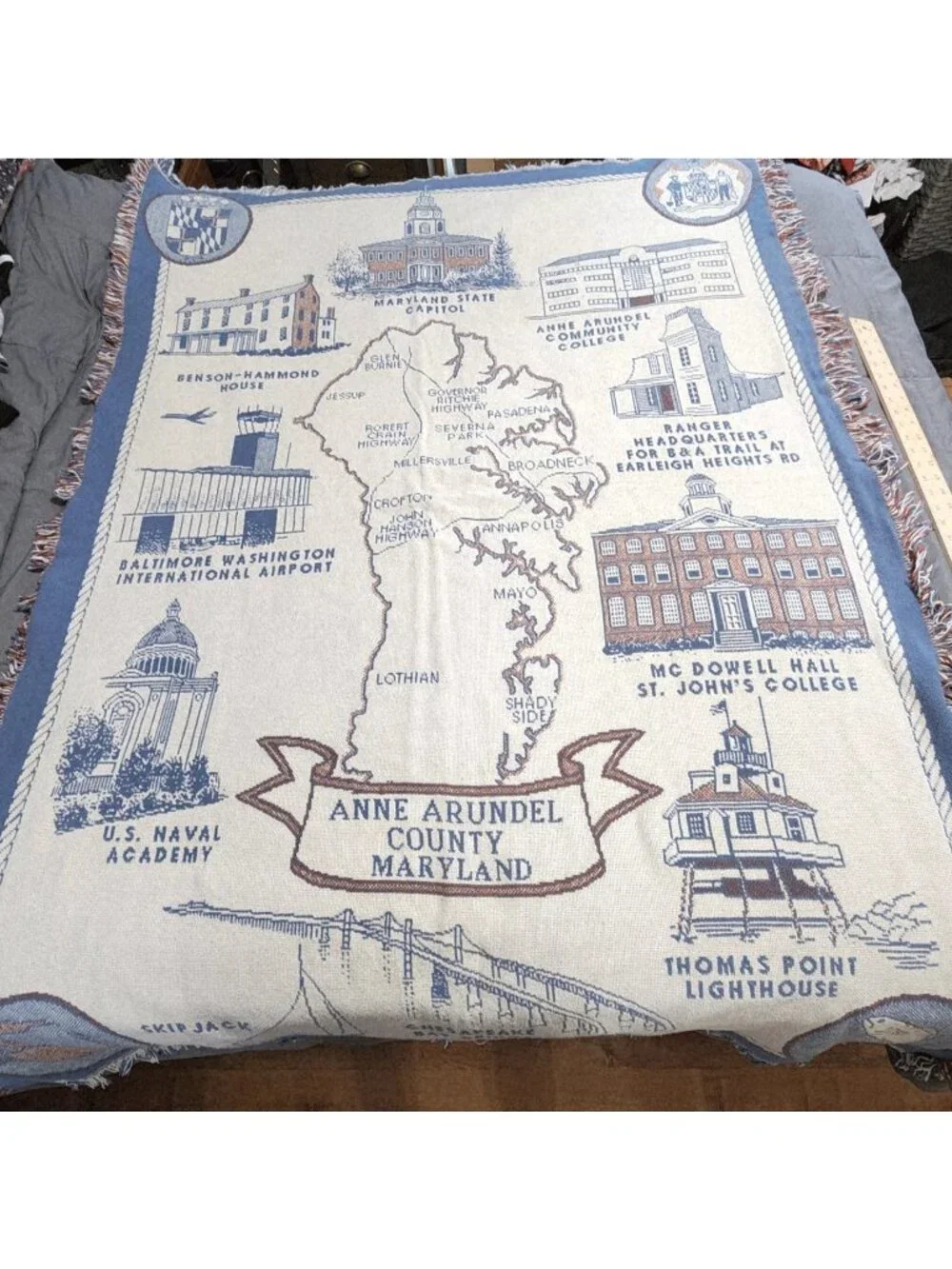Anne Arundel County Maryland Throw Blanket Historic Landmarks Map Woven Tapestry